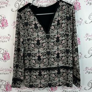 Promod long sleeve Vneck foxes flowers Black and Cream pink top Floral Blouse